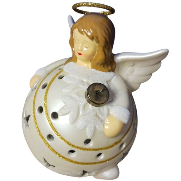 QVC Ceramic Angel Flameless Candle Luminaries Ornament Gold Glitter cream - Picture 8 of 11